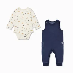 Velour Dungarees & Bear Print Bodysuit Outfit