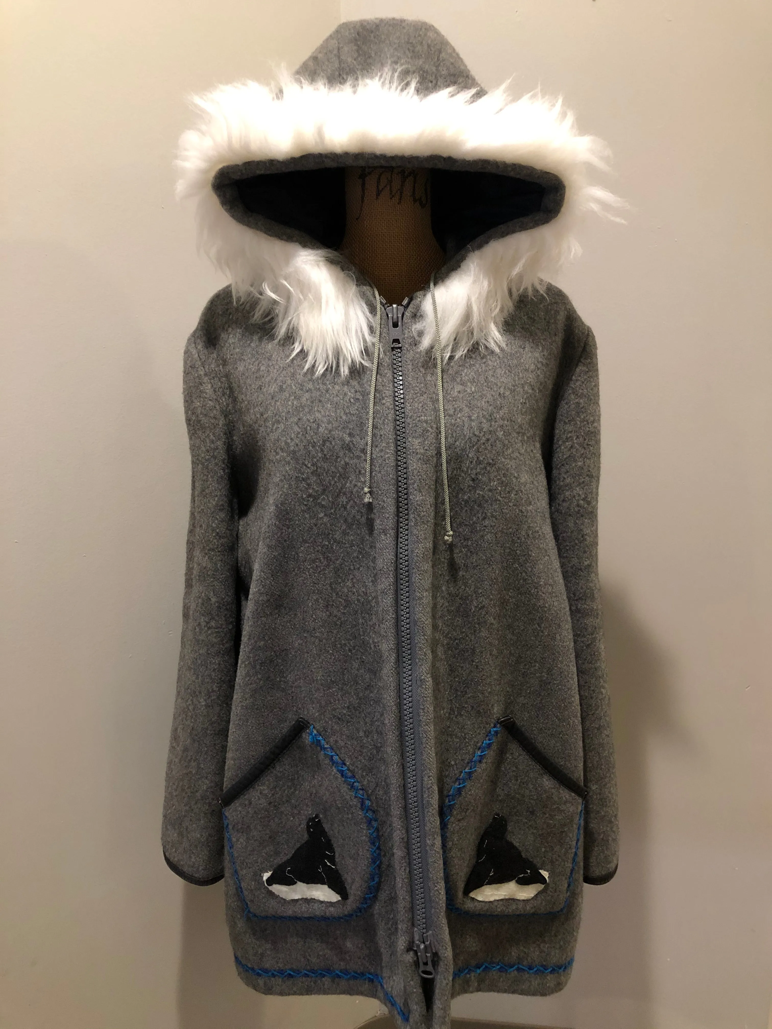 Vintage James Bay Grey Wool Northern Parka with Seal Motif, Made in Canada SOLD