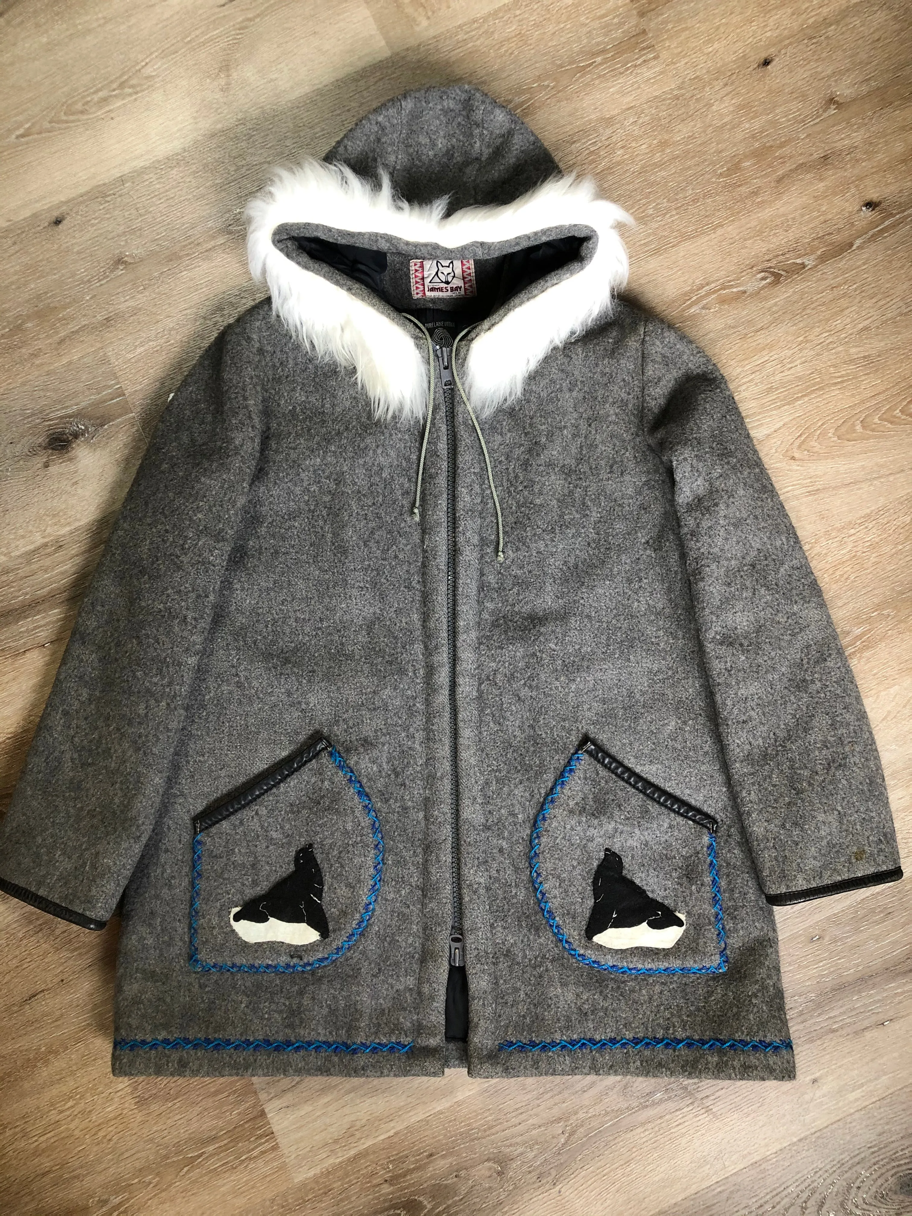 Vintage James Bay Grey Wool Northern Parka with Seal Motif, Made in Canada SOLD