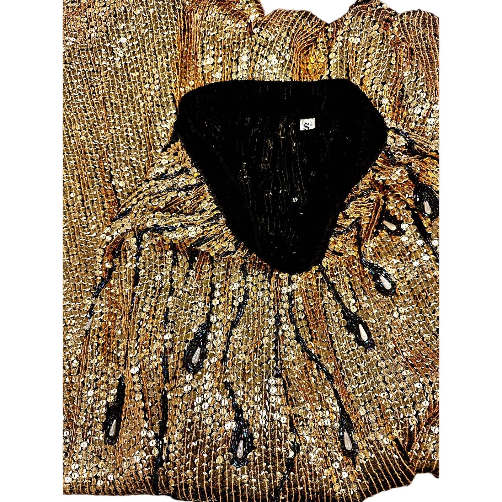 VTG 80s Gold Sequined Skirt Beaded Peacock Feather Design Sz S