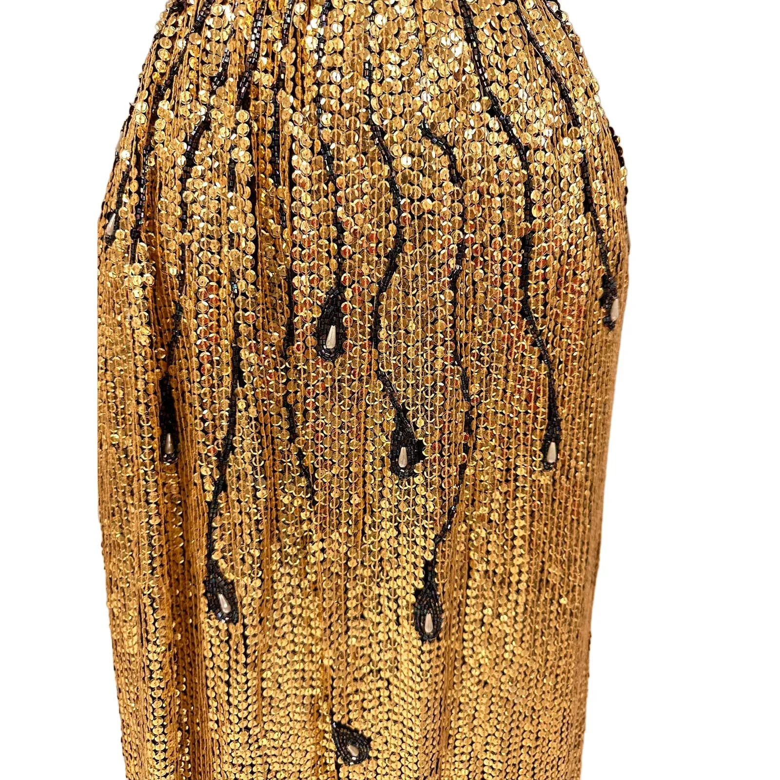 VTG 80s Gold Sequined Skirt Beaded Peacock Feather Design Sz S