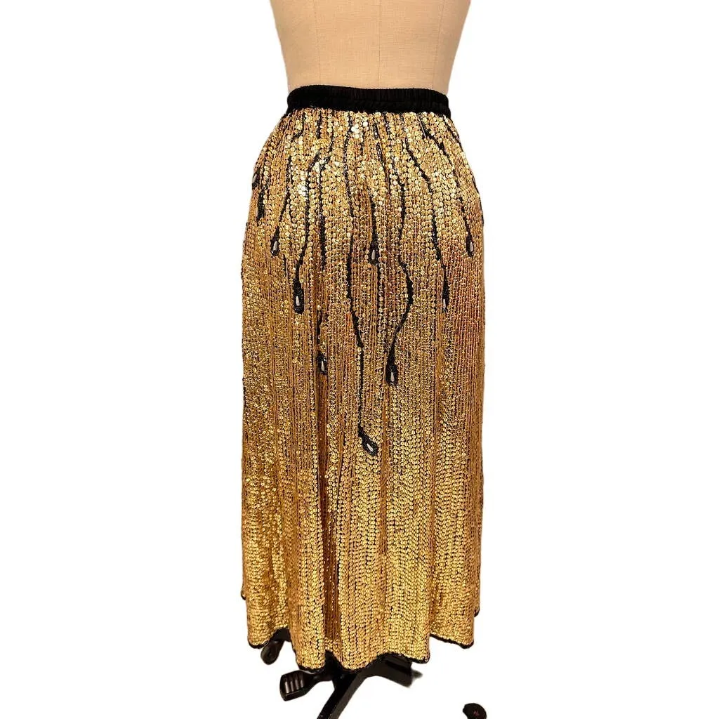 VTG 80s Gold Sequined Skirt Beaded Peacock Feather Design Sz S