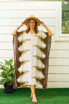 White Peacock Feather Kimono Kaftan Dress