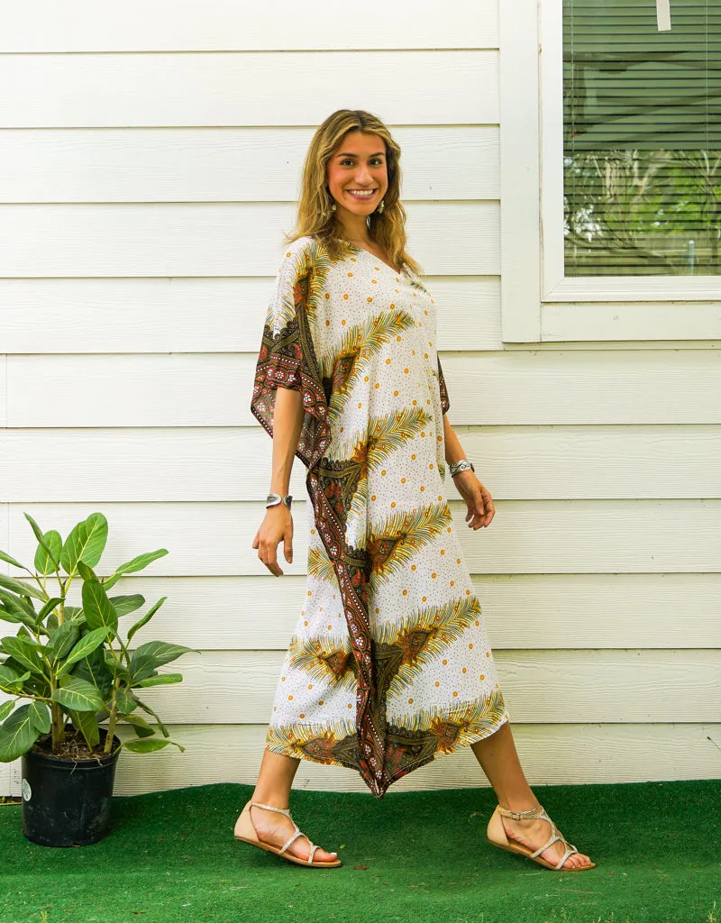 White Peacock Feather Kimono Kaftan Dress