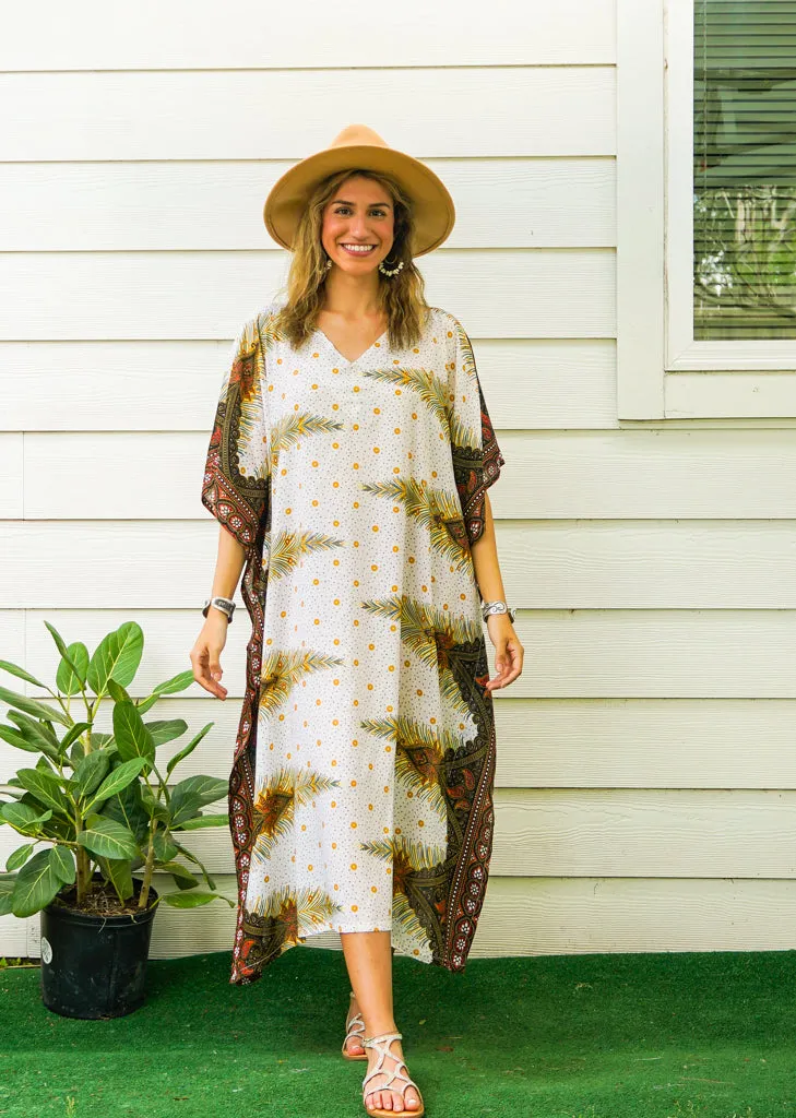 White Peacock Feather Kimono Kaftan Dress