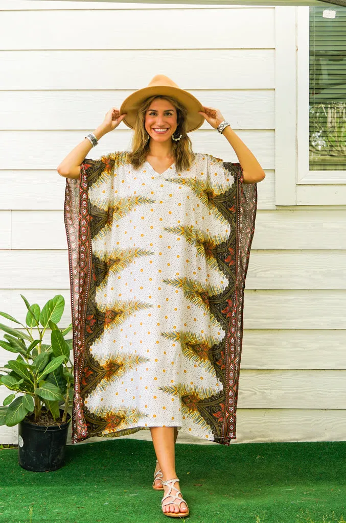 White Peacock Feather Kimono Kaftan Dress