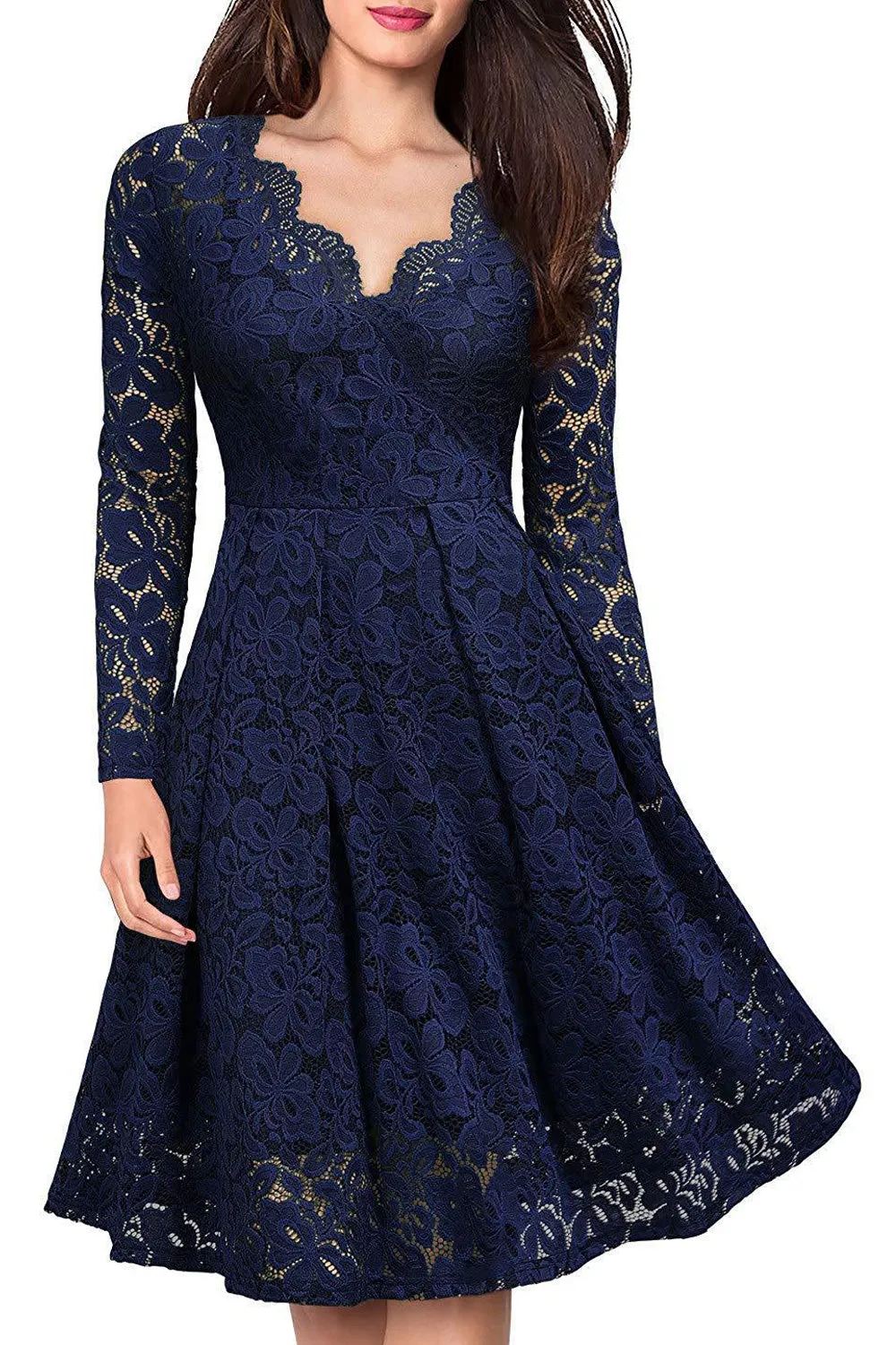 Women Alluring Lace Pattern Long Sleeve V-Neck Knee Length Beautiful Dress - WDC60209