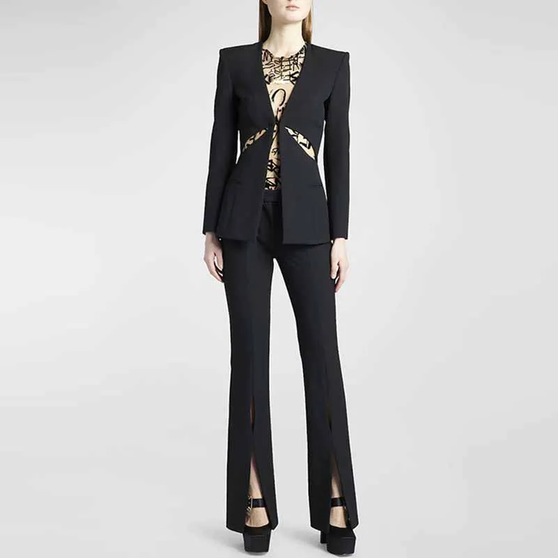 Women Cut Out Fitted Blazer   Mid-High Rise Slim fit Flare Trousers Pants Suit Wedding Suit