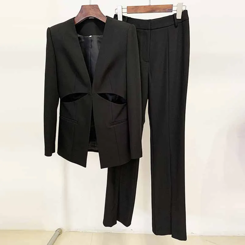 Women Cut Out Fitted Blazer   Mid-High Rise Slim fit Flare Trousers Pants Suit Wedding Suit