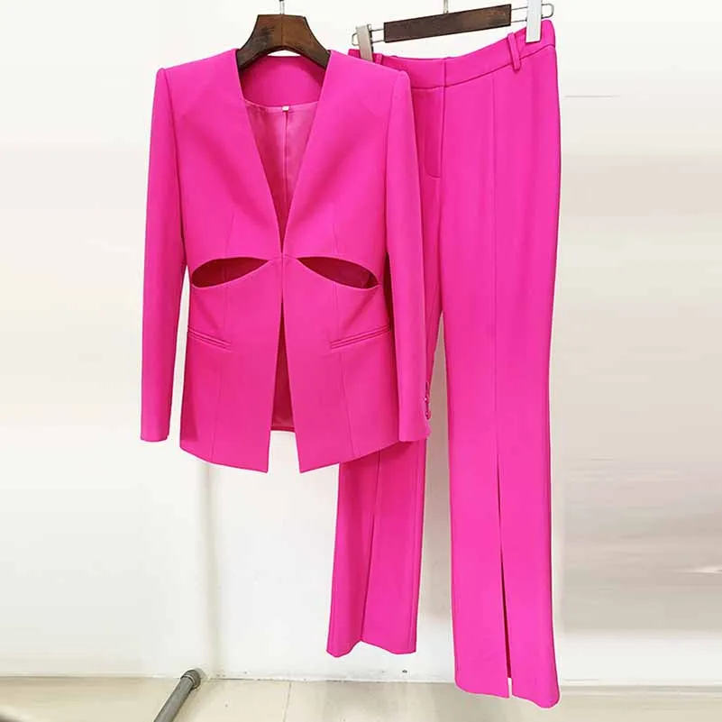 Women Cut Out Fitted Blazer   Mid-High Rise Slim fit Flare Trousers Pants Suit Wedding Suit