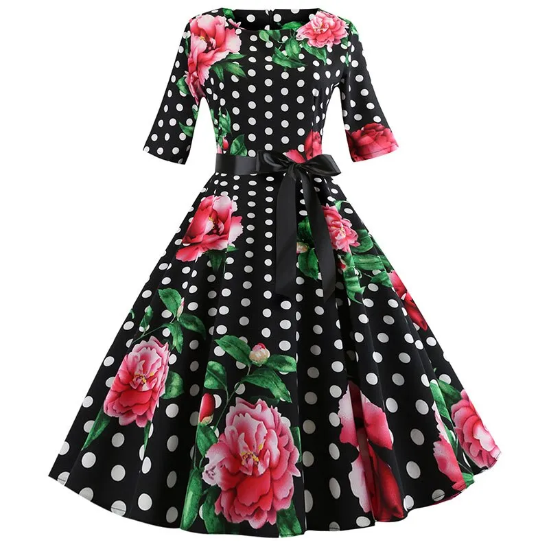 Women Floral Print Vintage Christmas Winter Elegant Party Dresses - WD8007