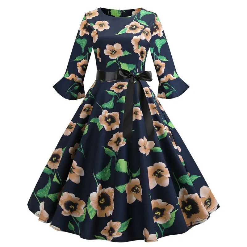 Women Floral Print Vintage Christmas Winter Elegant Party Dresses - WD8007