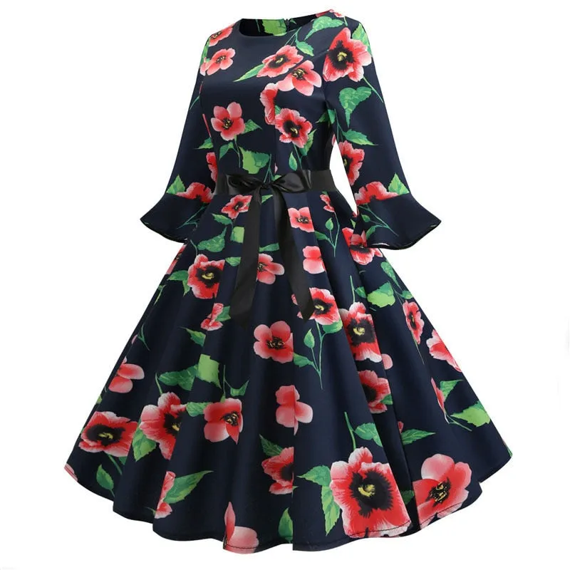 Women Floral Print Vintage Christmas Winter Elegant Party Dresses - WD8007