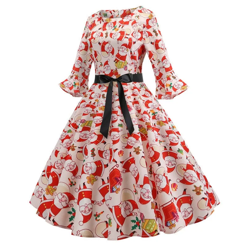 Women Floral Print Vintage Christmas Winter Elegant Party Dresses - WD8007