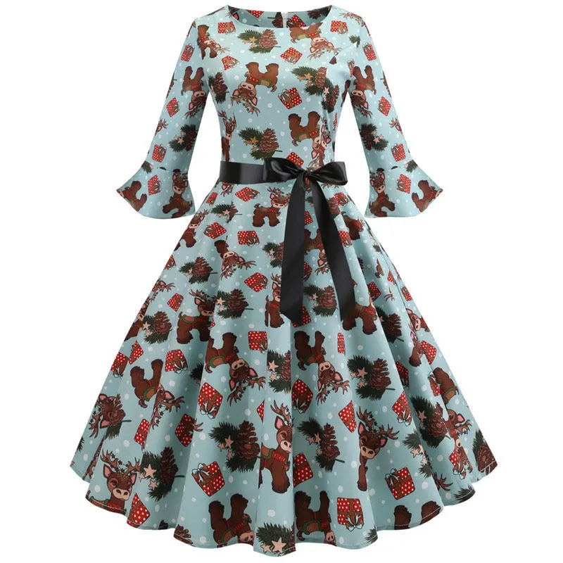 Women Floral Print Vintage Christmas Winter Elegant Party Dresses - WD8007