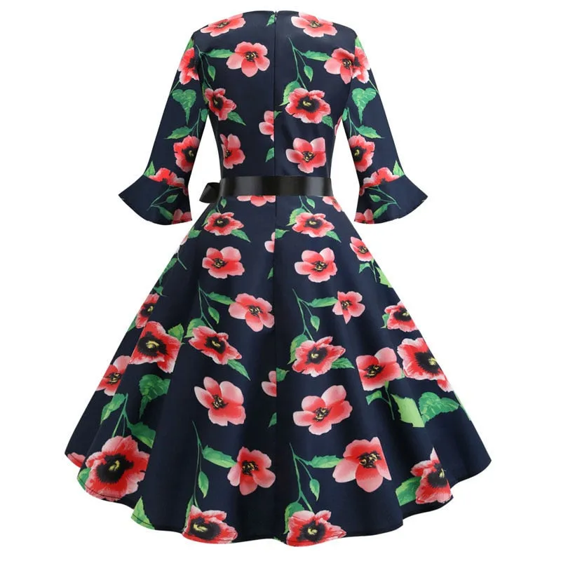 Women Floral Print Vintage Christmas Winter Elegant Party Dresses - WD8007