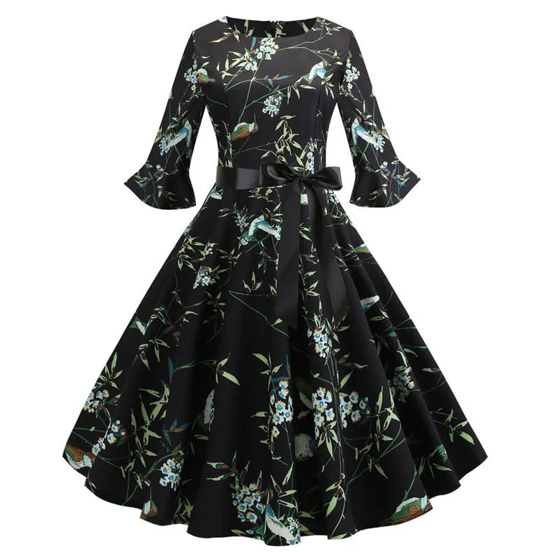 Women Floral Print Vintage Christmas Winter Elegant Party Dresses - WD8007