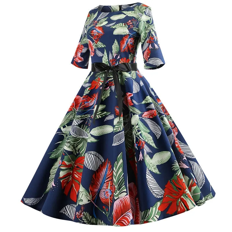 Women Floral Print Vintage Christmas Winter Elegant Party Dresses - WD8007