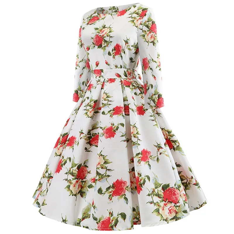 Women Floral Print Vintage Christmas Winter Elegant Party Dresses - WD8007