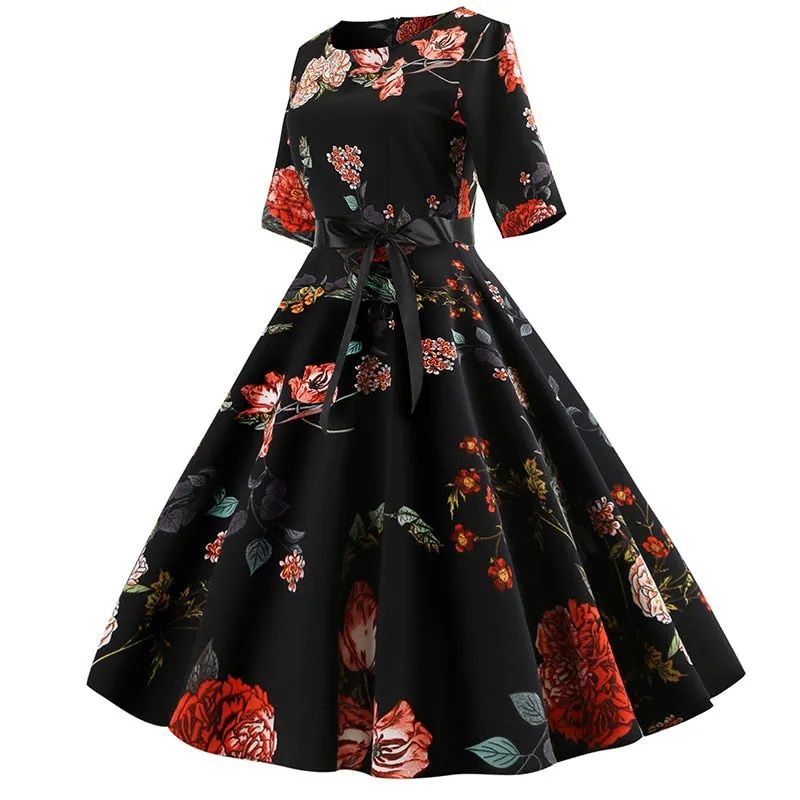 Women Floral Print Vintage Christmas Winter Elegant Party Dresses - WD8007