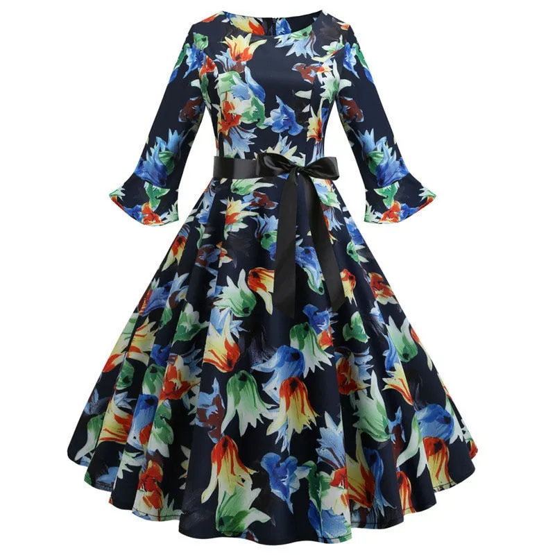 Women Floral Print Vintage Christmas Winter Elegant Party Dresses - WD8007