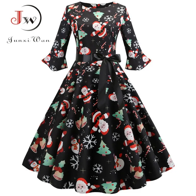 Women Floral Print Vintage Christmas Winter Elegant Party Dresses - WD8007