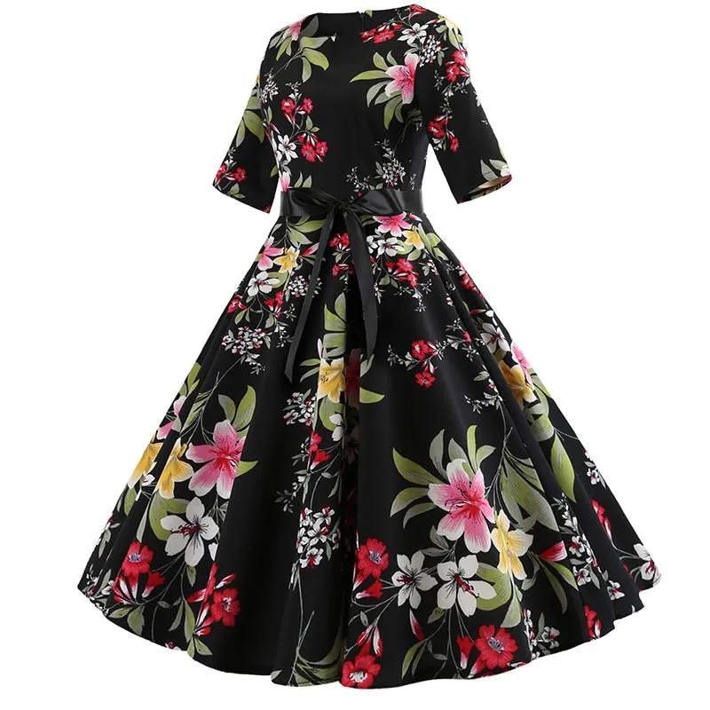 Women Floral Print Vintage Christmas Winter Elegant Party Dresses - WD8007