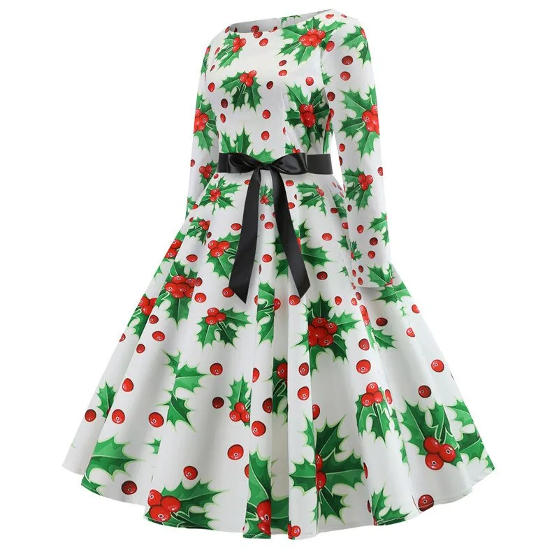 Women Floral Print Vintage Christmas Winter Elegant Party Dresses - WD8007