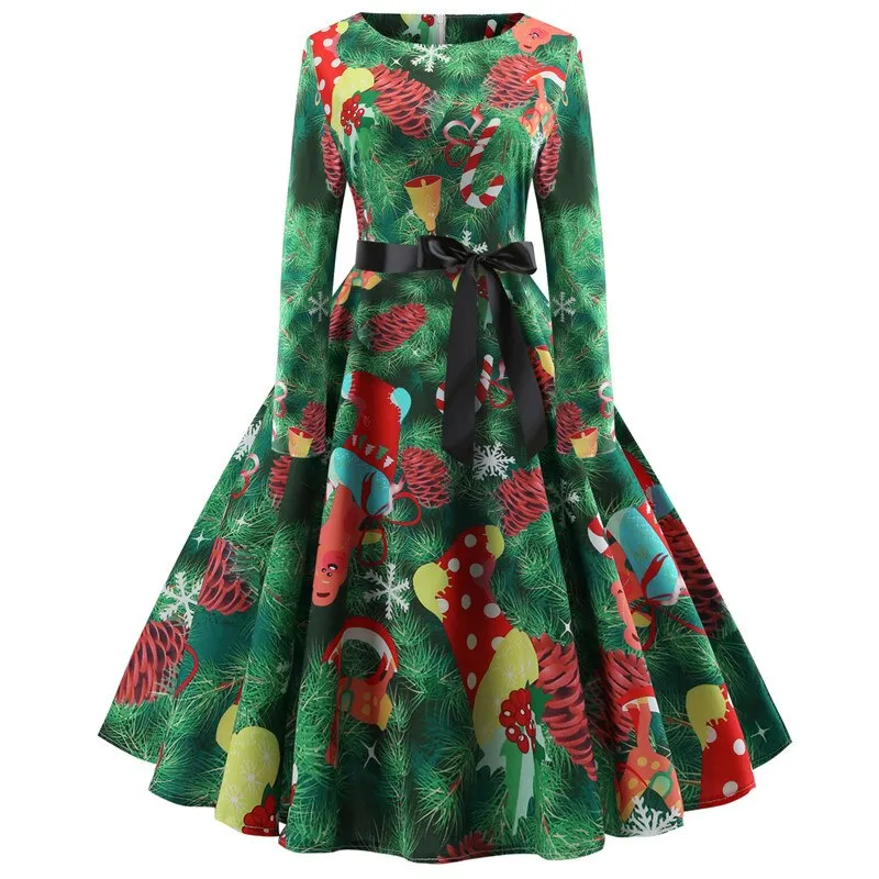 Women Floral Print Vintage Christmas Winter Elegant Party Dresses - WD8007