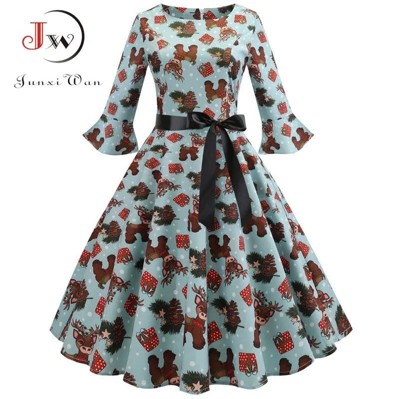 Women Floral Print Vintage Christmas Winter Elegant Party Dresses - WD8007