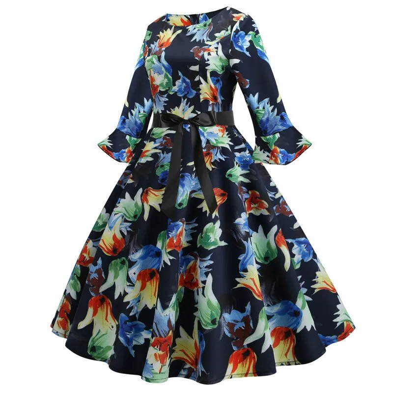 Women Floral Print Vintage Christmas Winter Elegant Party Dresses - WD8007