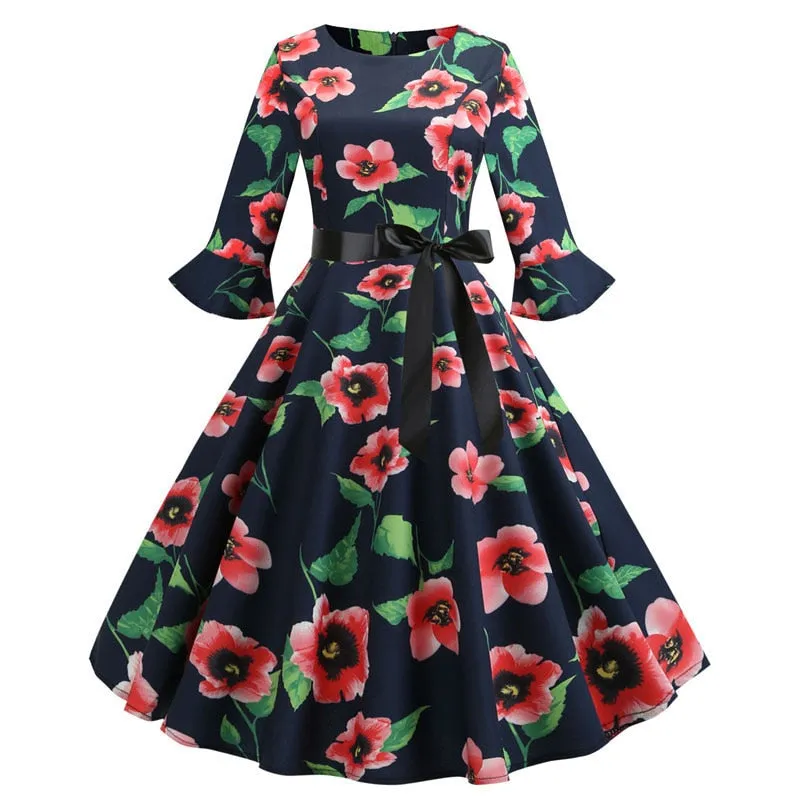 Women Floral Print Vintage Christmas Winter Elegant Party Dresses - WD8007