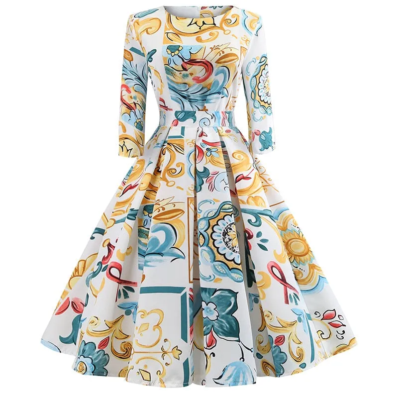 Women Floral Print Vintage Christmas Winter Elegant Party Dresses - WD8007