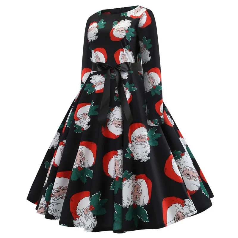 Women Floral Print Vintage Christmas Winter Elegant Party Dresses - WD8007