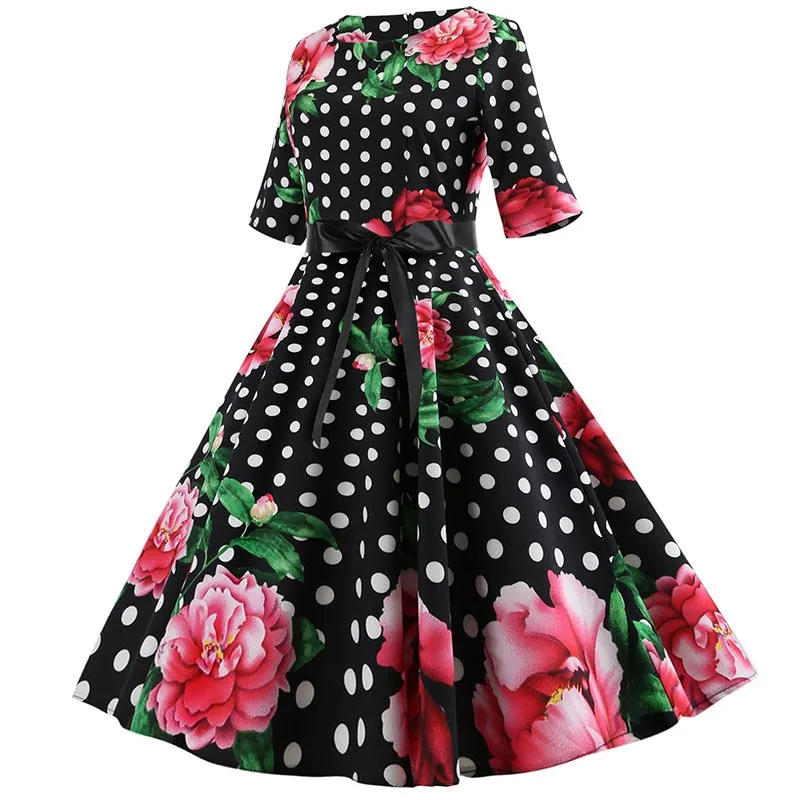 Women Floral Print Vintage Christmas Winter Elegant Party Dresses - WD8007