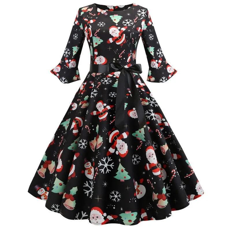 Women Floral Print Vintage Christmas Winter Elegant Party Dresses - WD8007