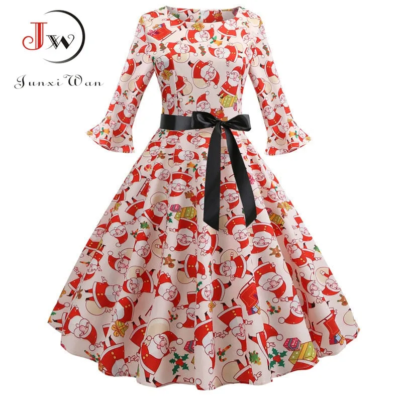 Women Floral Print Vintage Christmas Winter Elegant Party Dresses - WD8007