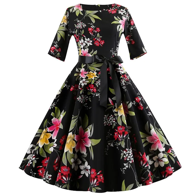 Women Floral Print Vintage Christmas Winter Elegant Party Dresses - WD8007