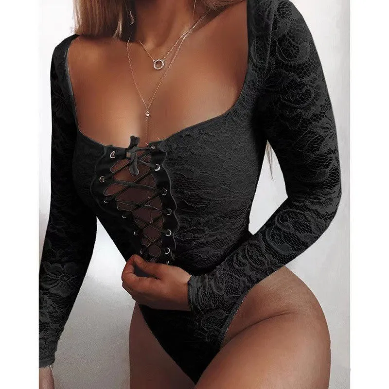 Women Long Sleeve Lace Square Collar Bodysuit