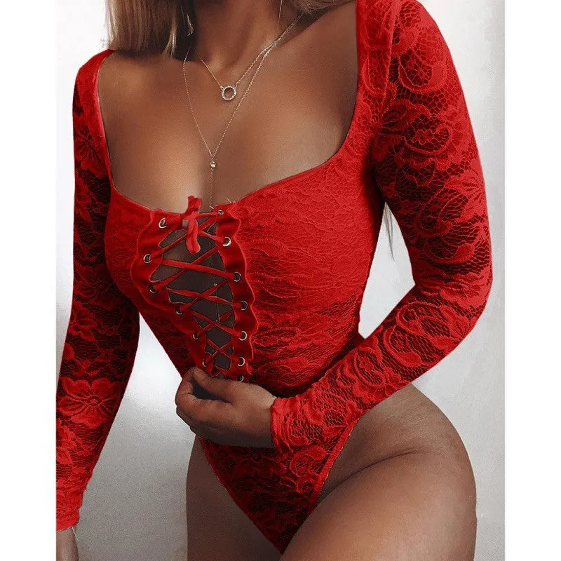 Women Long Sleeve Lace Square Collar Bodysuit