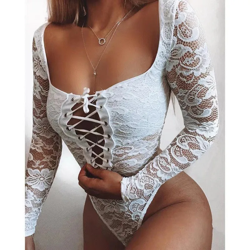 Women Long Sleeve Lace Square Collar Bodysuit