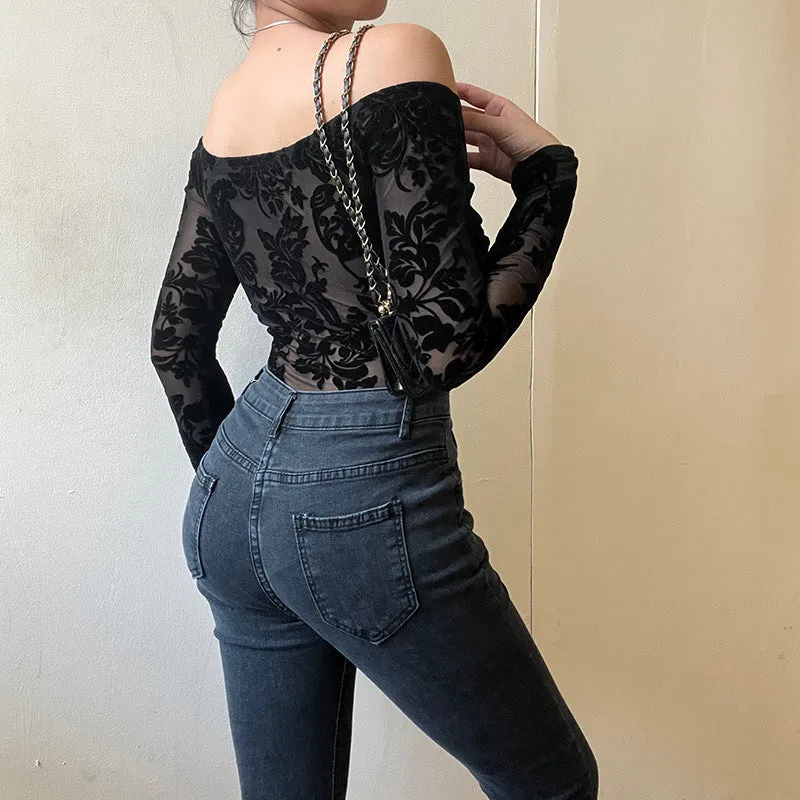 Women Long Sleeve Off Shoulder Lace Floral Bodysuit