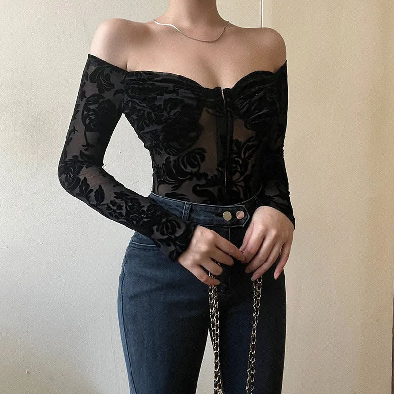 Women Long Sleeve Off Shoulder Lace Floral Bodysuit