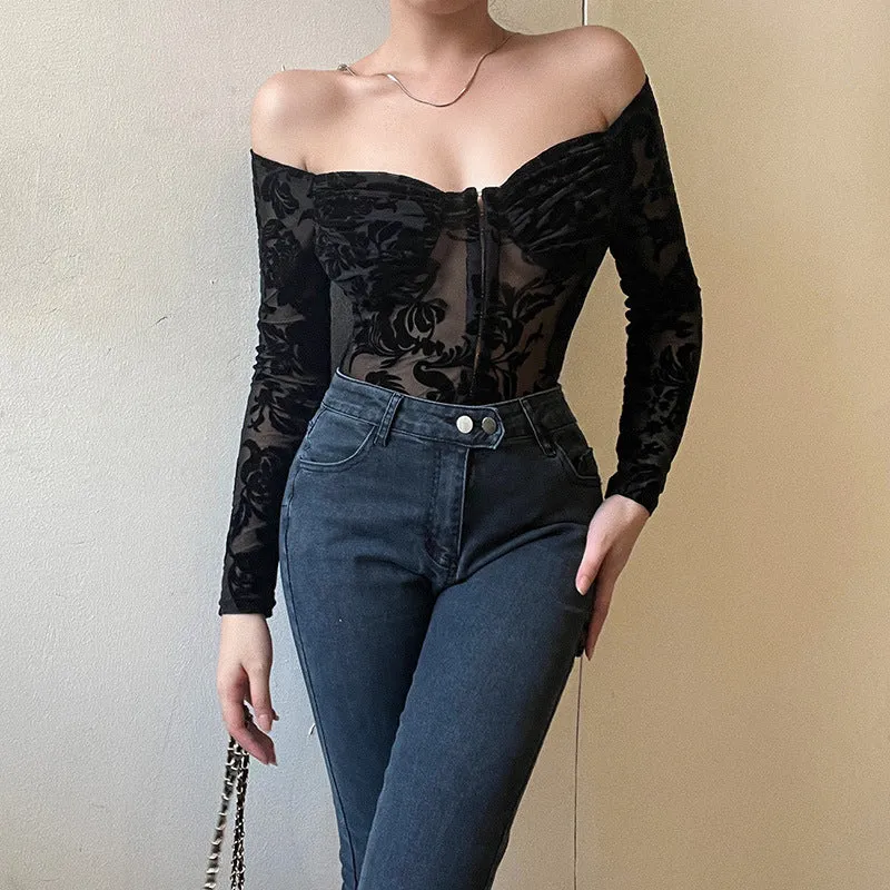 Women Long Sleeve Off Shoulder Lace Floral Bodysuit