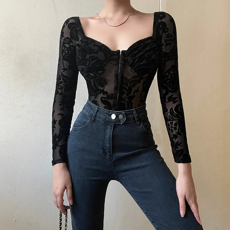 Women Long Sleeve Off Shoulder Lace Floral Bodysuit