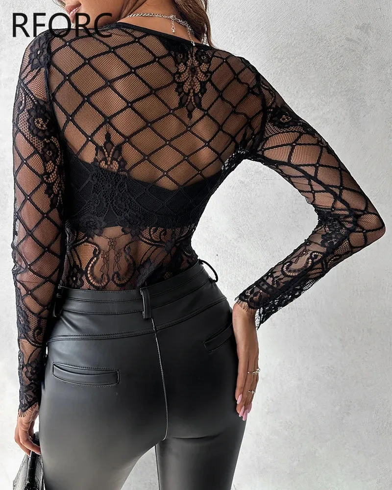 Women Sexy Solid Lace Long Sleeves Deep V Neck Sexy Black Bodysuit