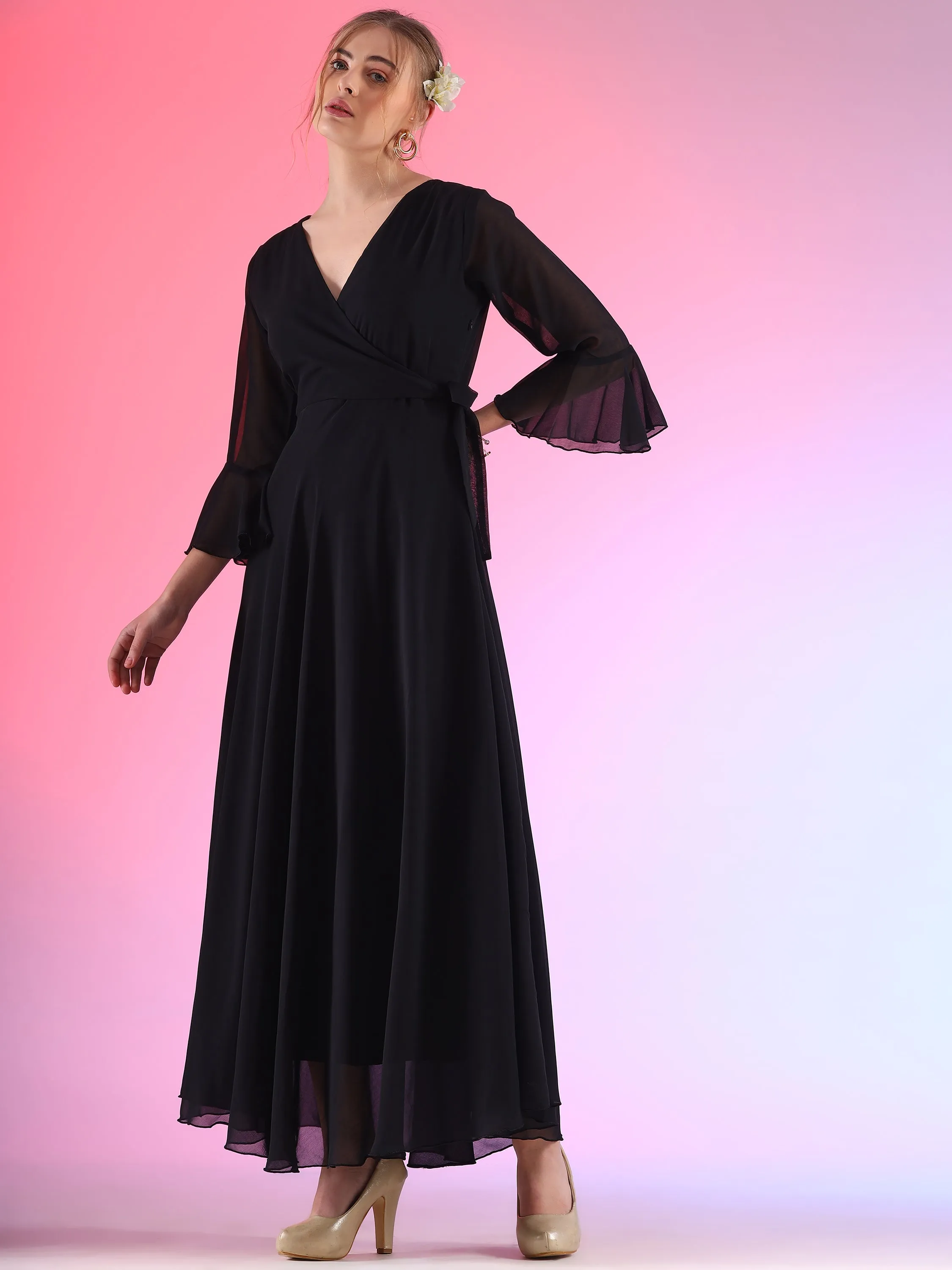 Women Solid V-Neck Flare Sleeve Fit and Flare Maxi Dress