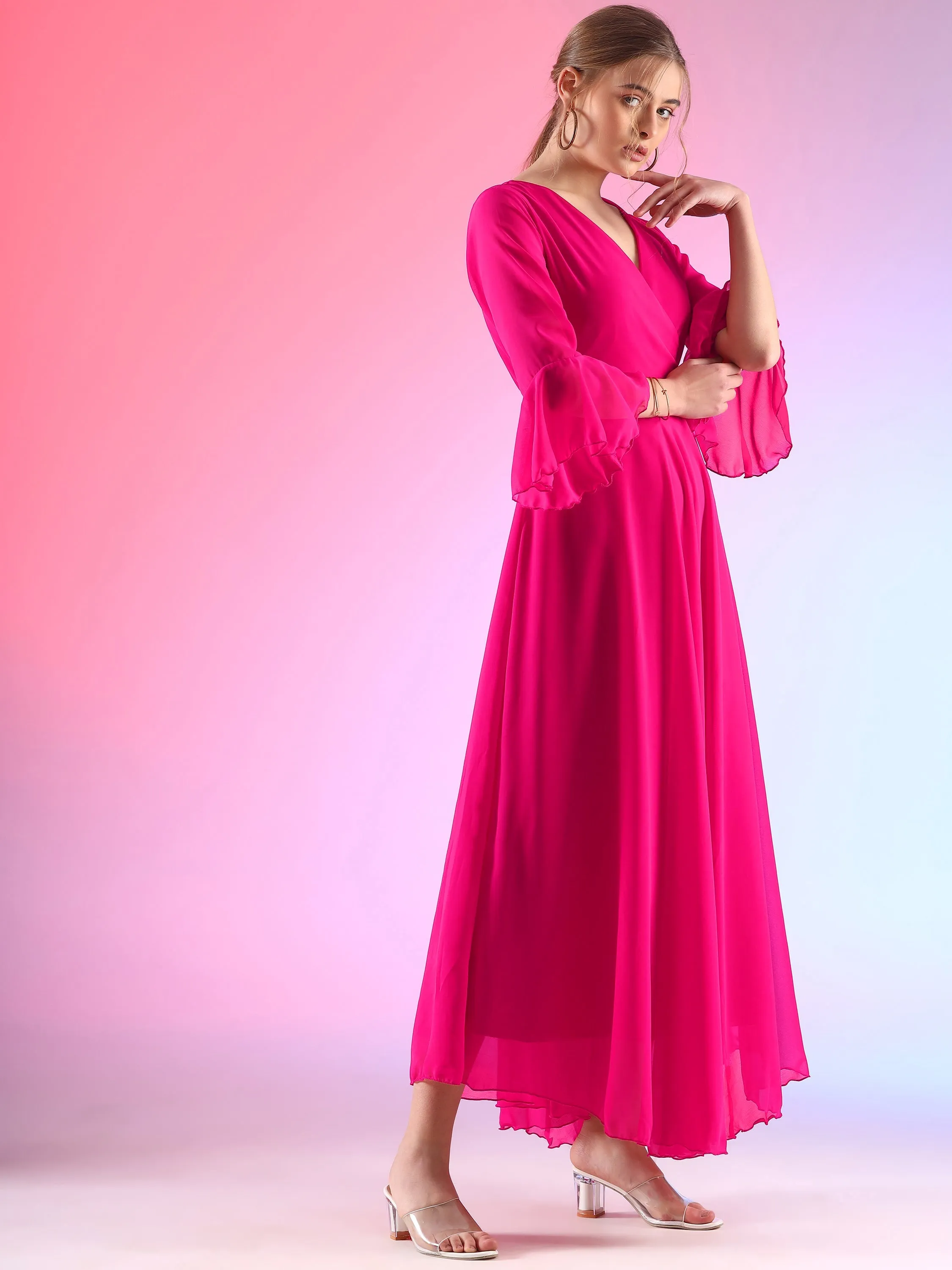 Women Solid V-Neck Flare Sleeve Fit and Flare Maxi Dress