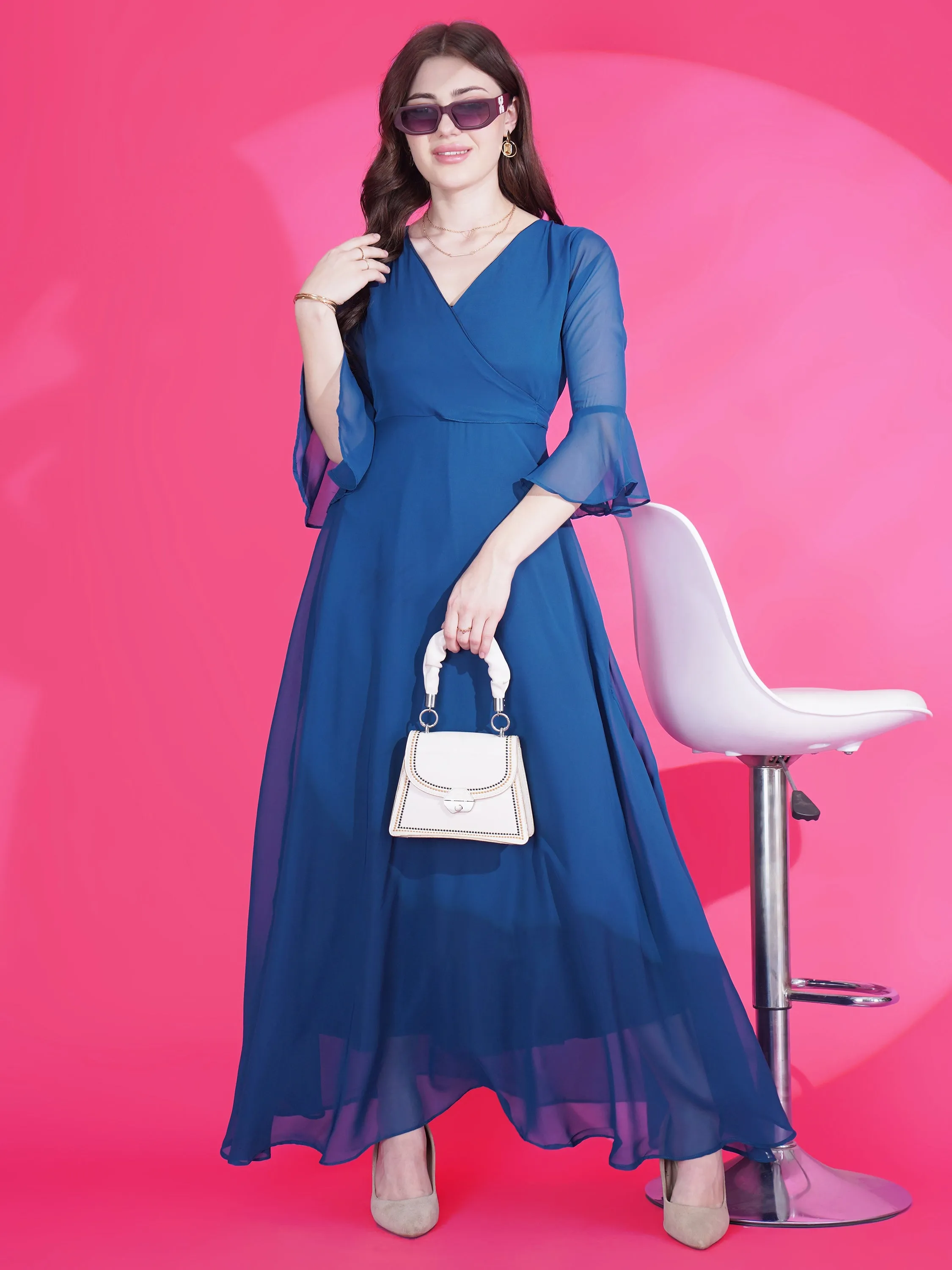 Women Solid V-Neck Flare Sleeve Fit and Flare Maxi Dress