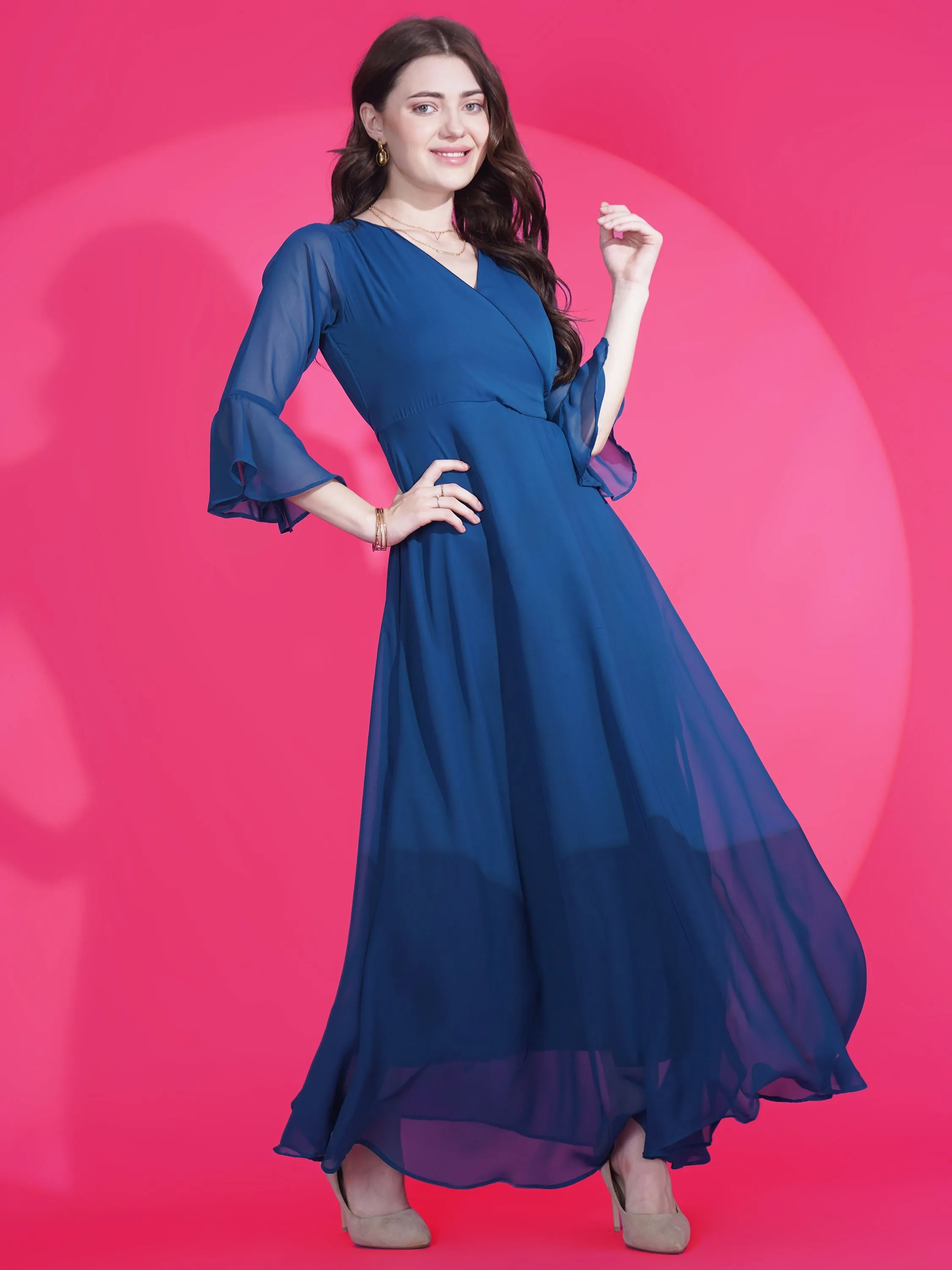 Women Solid V-Neck Flare Sleeve Fit and Flare Maxi Dress